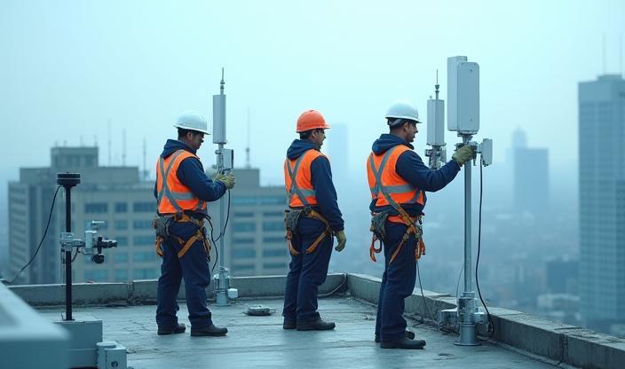 Team of network engineers optimizing urban antennas