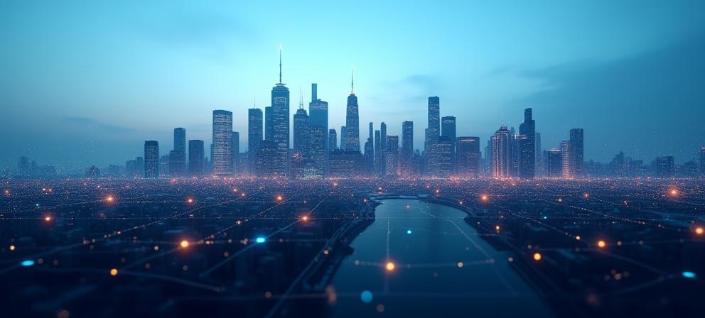 Modern city skyline with digital network overlay representing Rete Mobile Italia connectivity